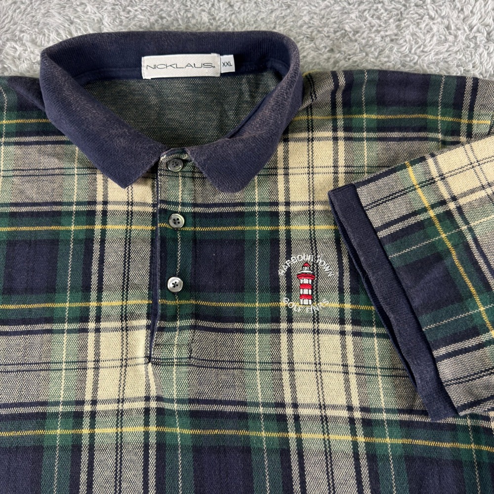 Nicklaus Mens XXL Polo Shirt Plaid Harbour Town Golf Links Green Navy (Read)
